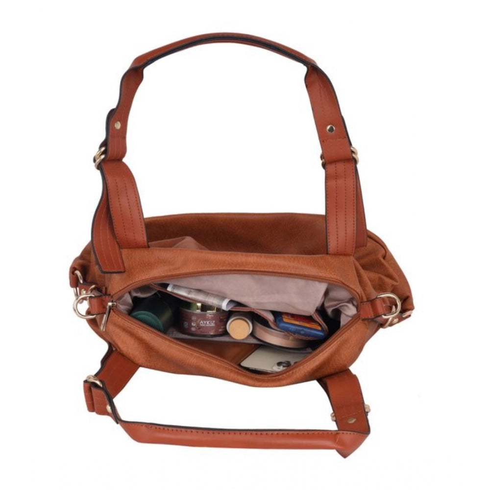 Brown faux leather solid tote bag