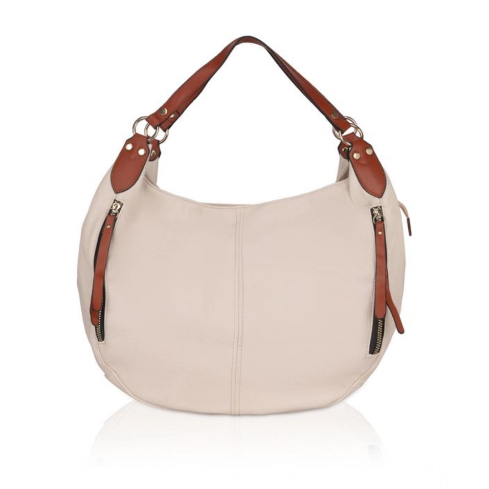White faux leather tote bag with visible zipper details.