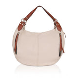 White faux leather tote bag with visible zipper details.