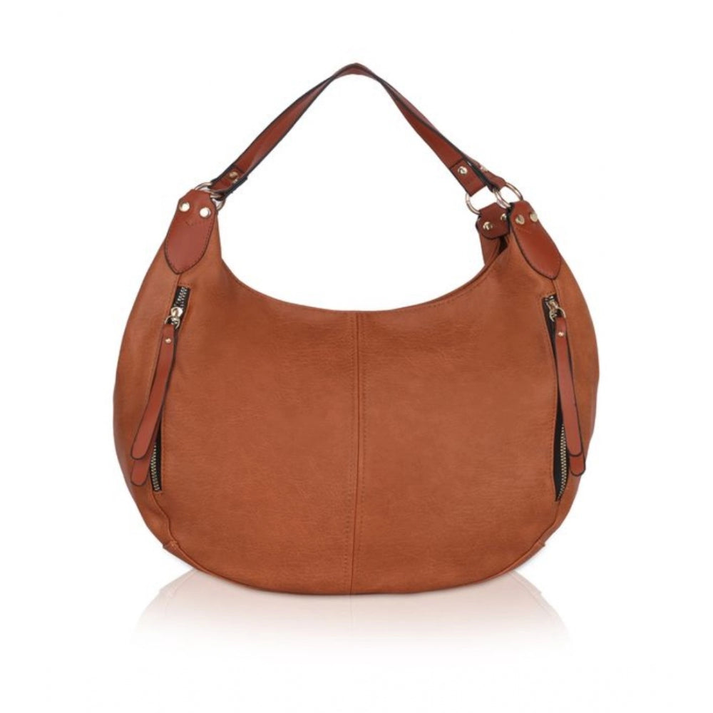 Brown faux leather women's solid tote bag, zip closure