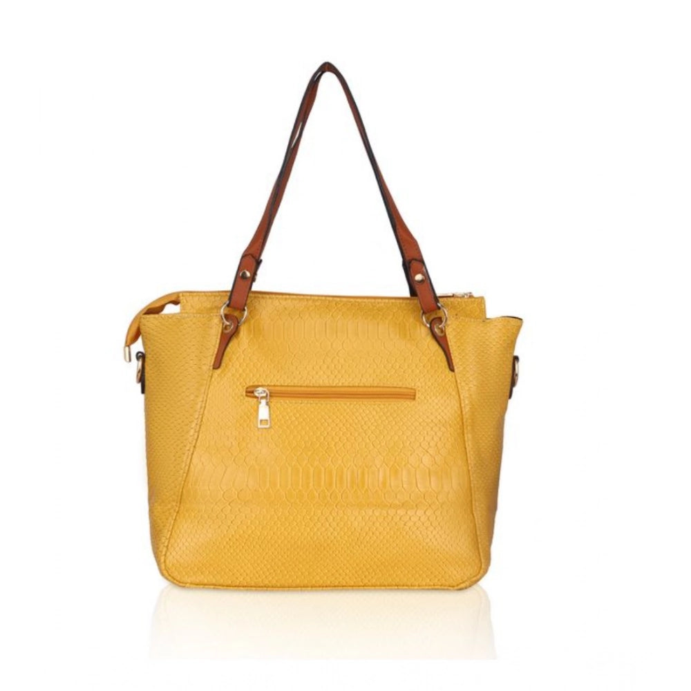 Yellow faux leather textured tote bag with zipper closure and dual handles