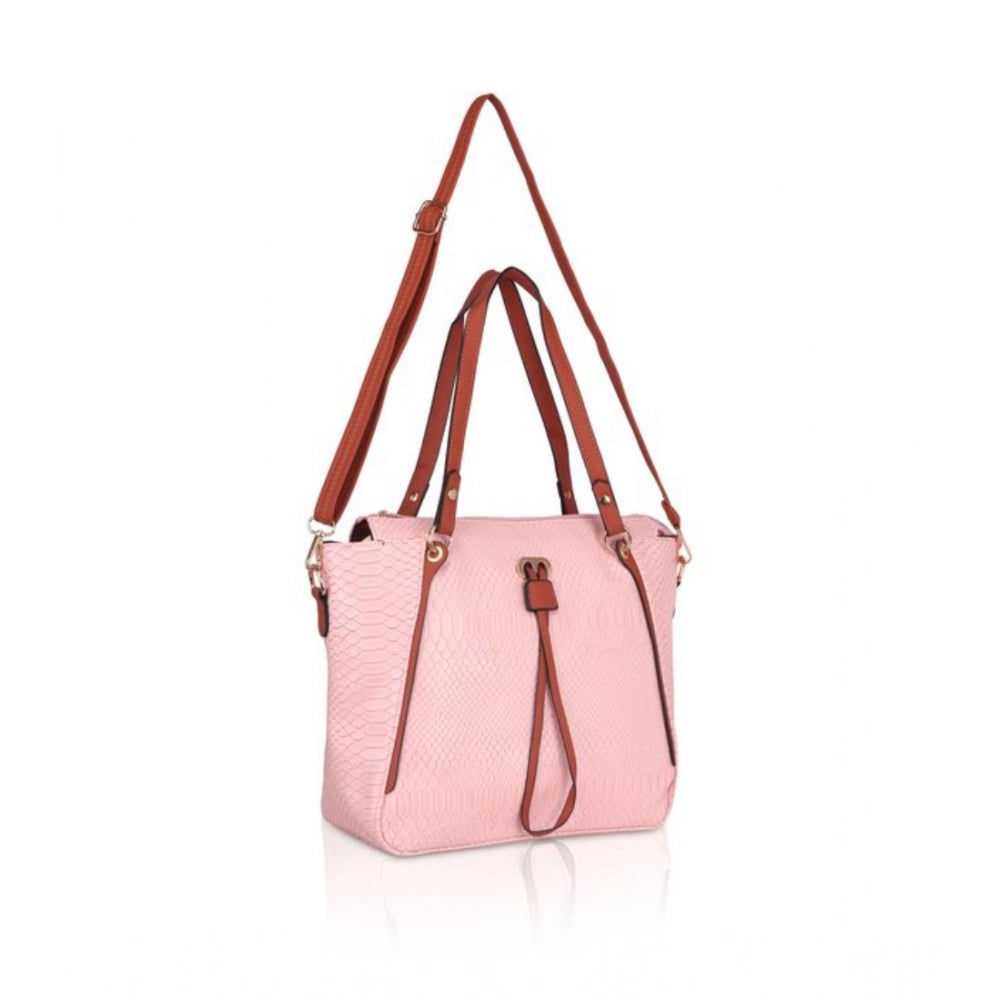 Pink faux leather textured tote bag with zipper closure and dual handles