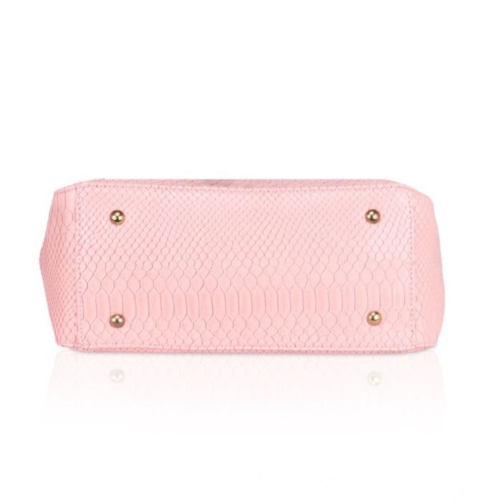 Pink textured faux leather tote bag for women, synthetic lining with zipper closure and dual handles