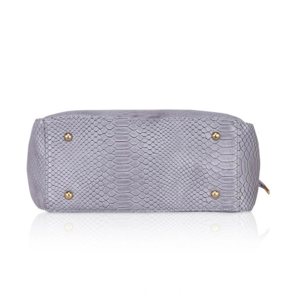 Grey faux leather textured tote bag with zipper closure, synthetic lining, and dual handle design