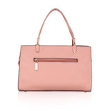 Pink faux leather textured adjustable long belt handbag with dual handle and zipper closure