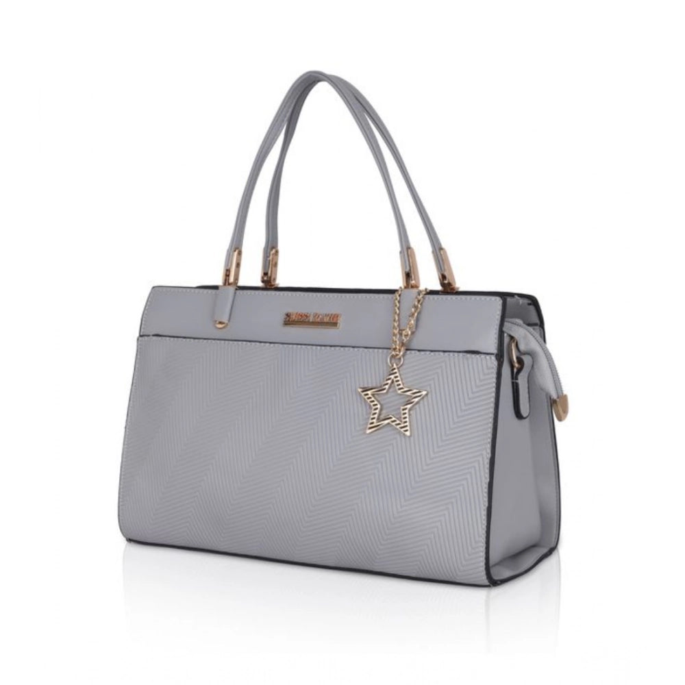 Grey faux leather textured adjustable long belt handbag with zipper closure and dual handles