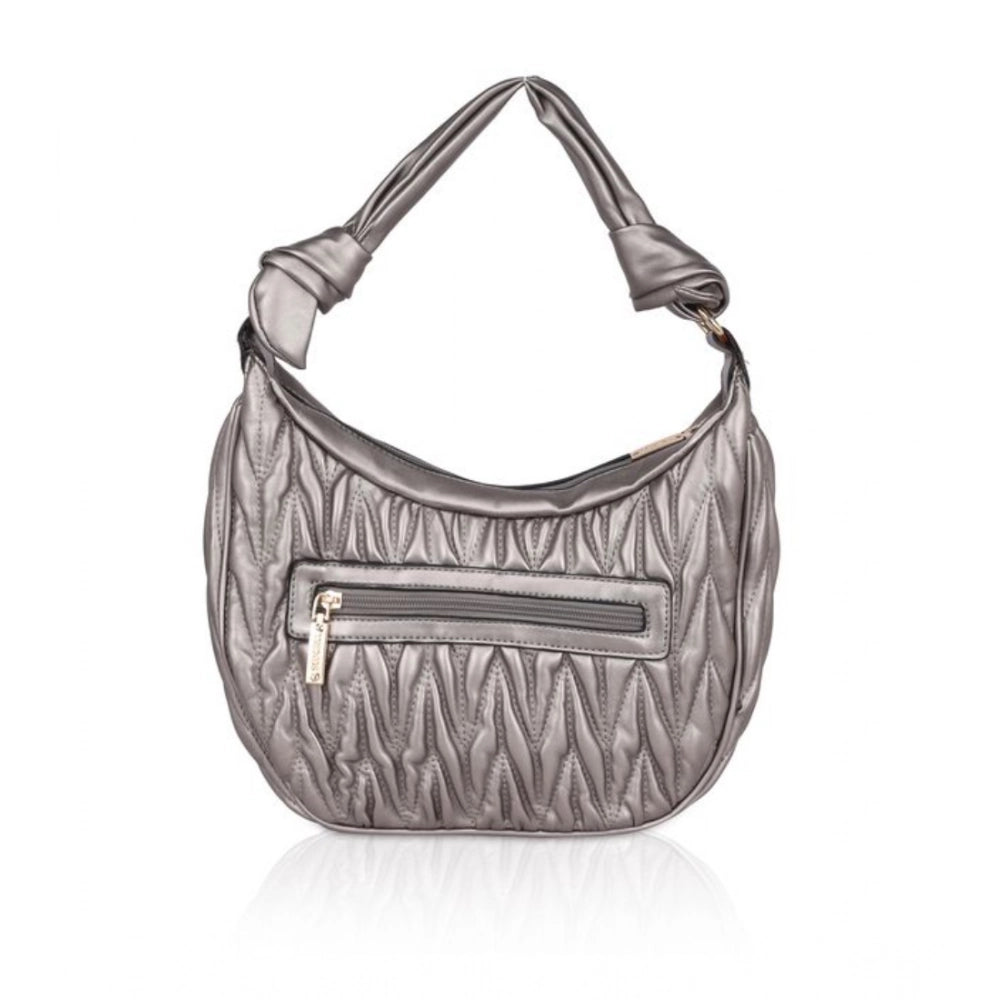 Silver Grey faux leather textured handbag with dual handle, ideal for contemporary women's style