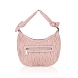 Pink faux leather textured handbag with dual handle, features zipper closure