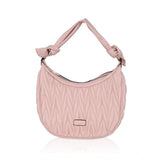 Pink faux leather textured handbag with dual handle, synthetic inner material, zipper closure