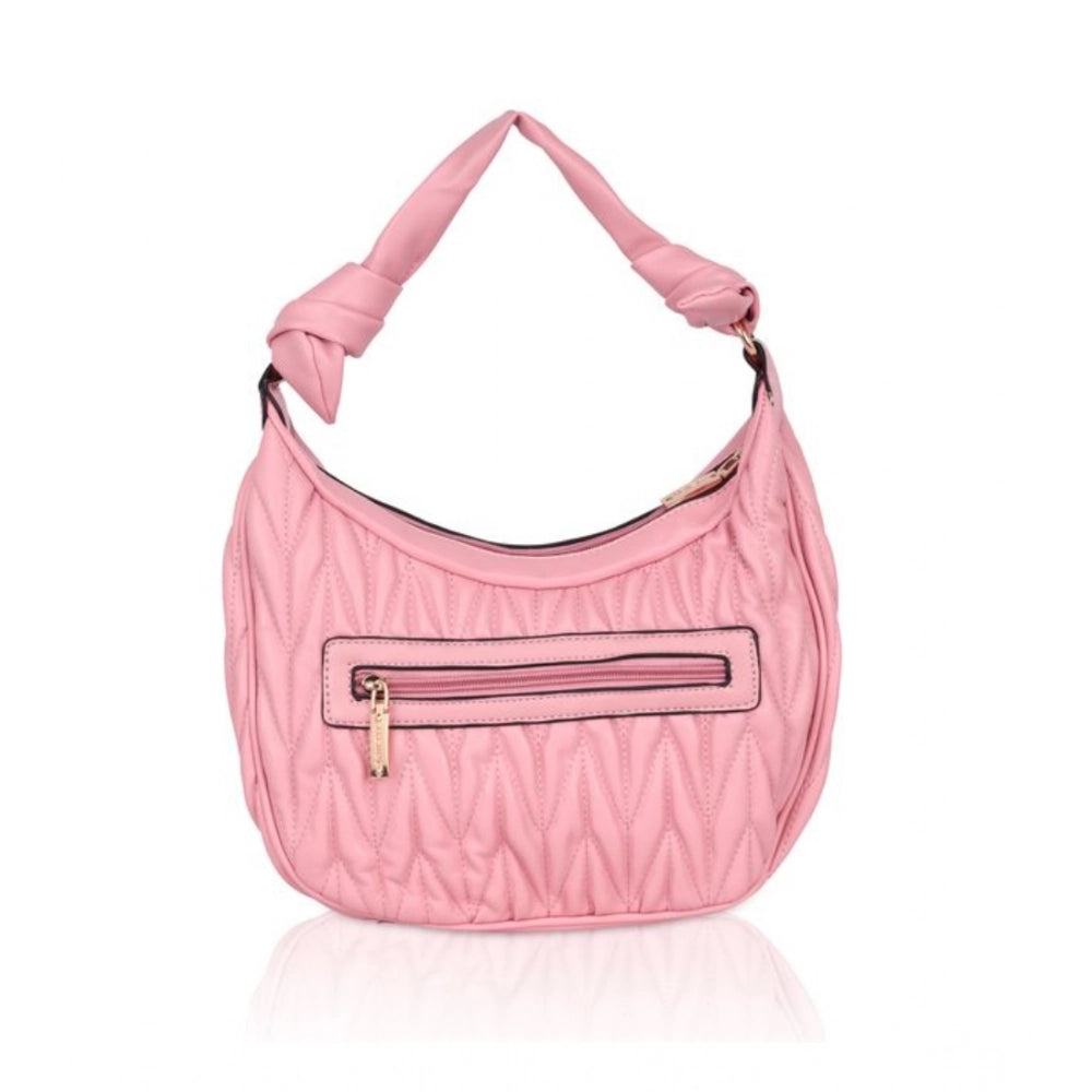 Pink faux leather textured handbag with dual handle, synthetic lining and zipper closure