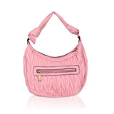 Pink faux leather textured handbag with dual handle, synthetic lining and zipper closure