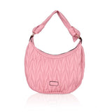 Pink faux leather textured handbag with dual handle, synthetic lining and zipper closure
