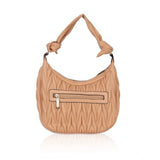 Beige faux leather textured handbag with dual handle and zipper closure