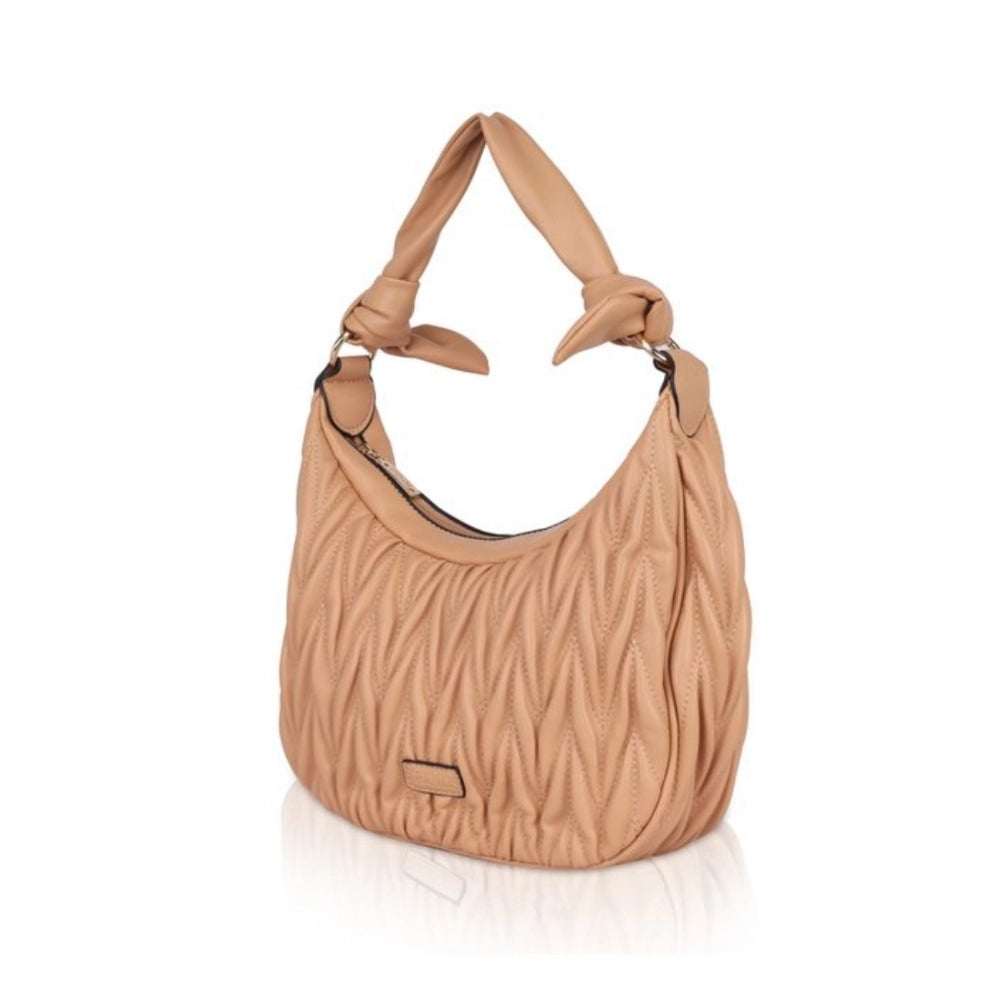 Beige faux leather textured handbag with zipper closure & dual handle, synthetic lining