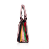 Womens faux leather belt bag, adjustable strap, long handbag, printed design, featuring pink fabric with multiple colors