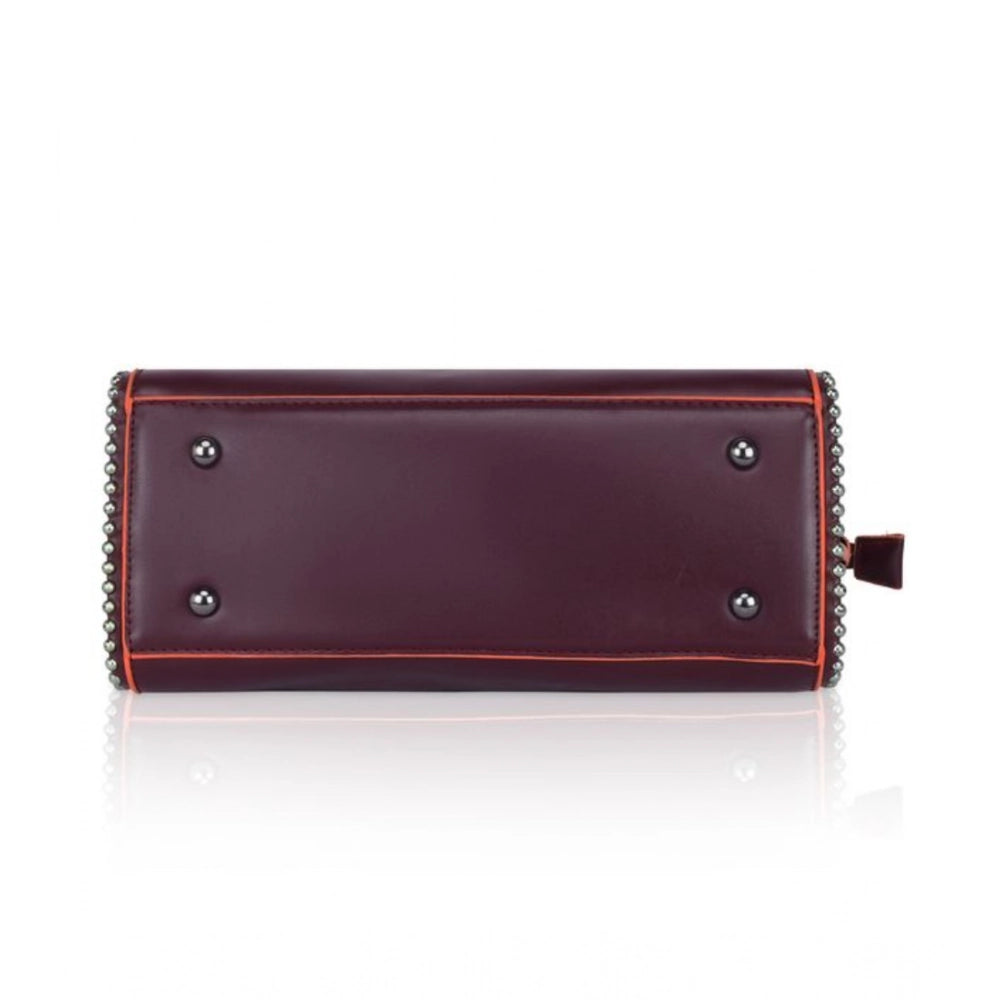 Wine red faux leather metal beads handbag with dual handle, features zipper closure and intricate metal bead pattern