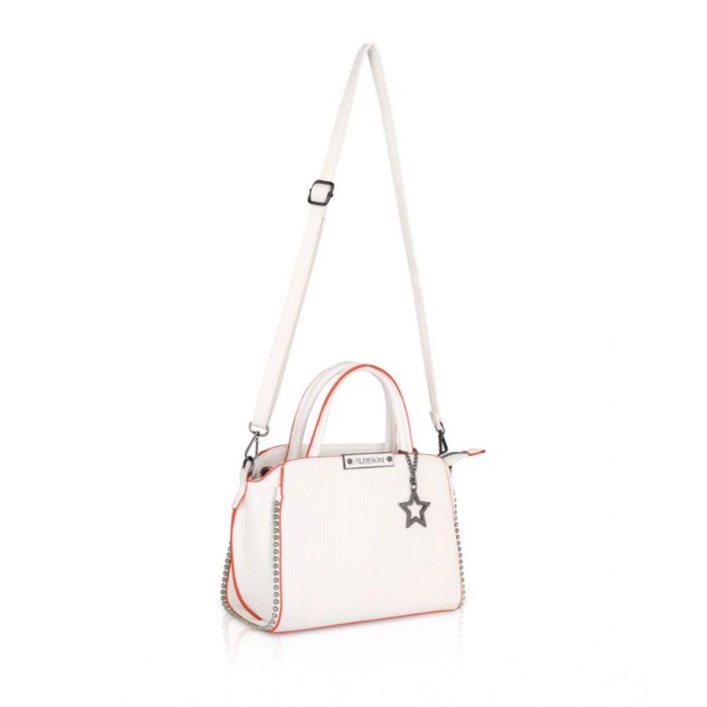 White faux leather metal beads handbag with dual handles, featuring a zipper closure and intricate beadwork pattern
