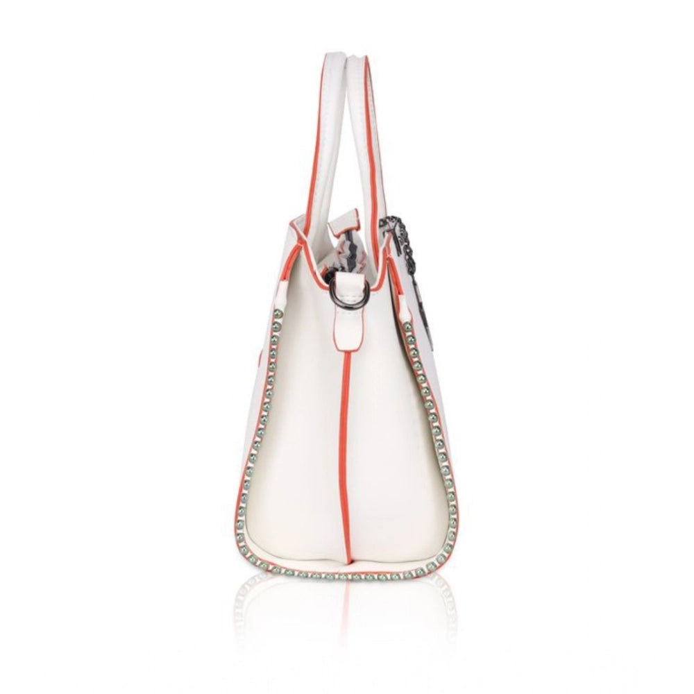 White faux leather metal beads handbag with dual handles, featuring a zipper closure and intricate beadwork design