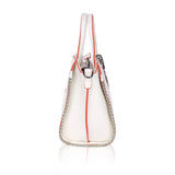 White faux leather metal beads handbag with dual handles, featuring a zipper closure and intricate beadwork design