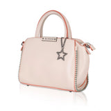 Pink faux leather beads handbag with metal accents, dual handle, and zipper closure