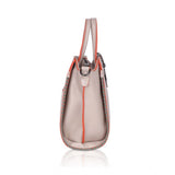 Khaki faux leather metal beads handbag with dual handle, synthetic lining, zipper closure