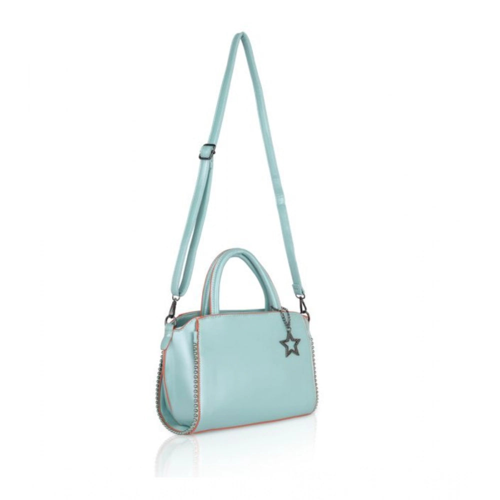 Green faux leather metal beads handbag with dual handle and zipper closure