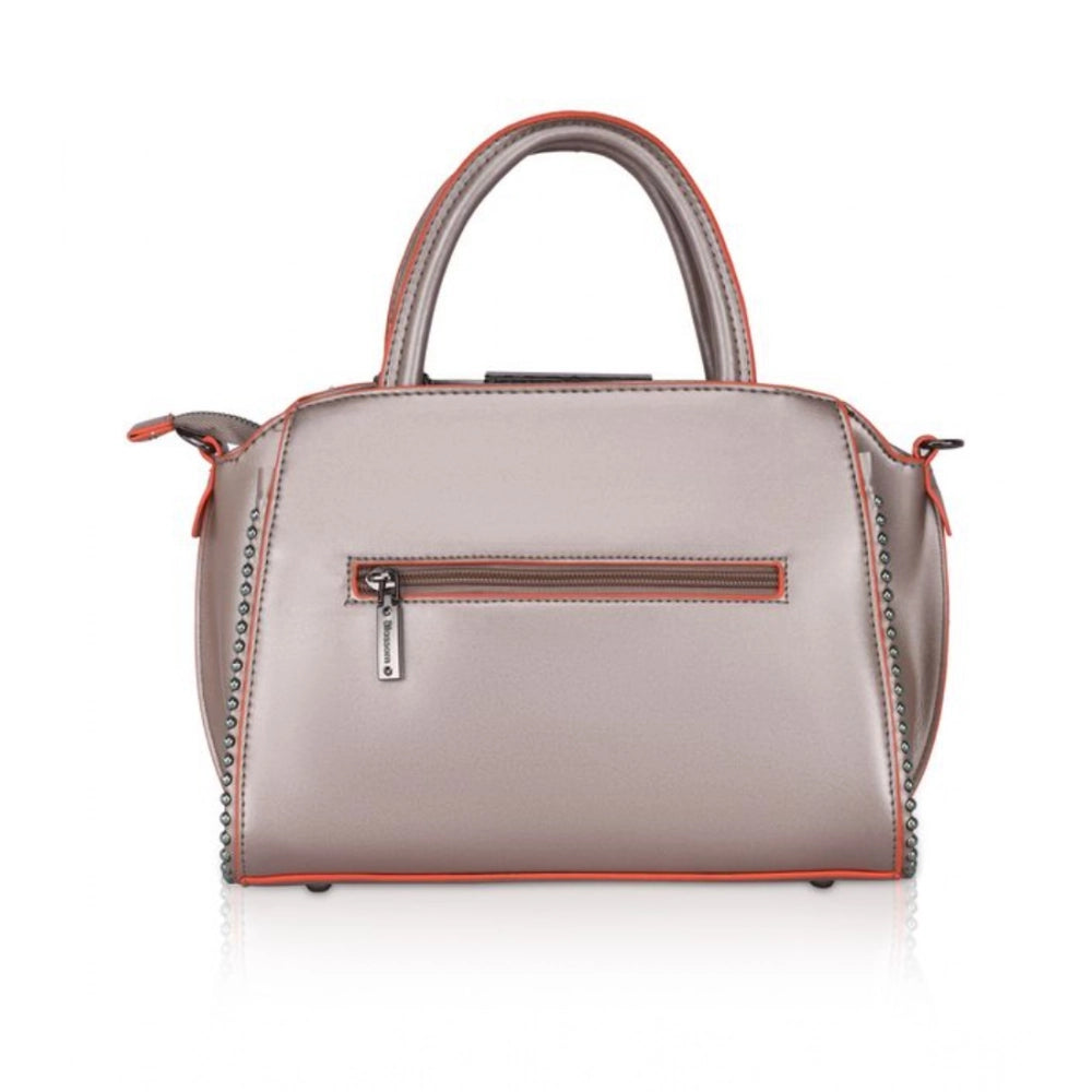 Bronze faux leather metal beads handbag with dual handle, featuring synthetic inner material and zipper closure