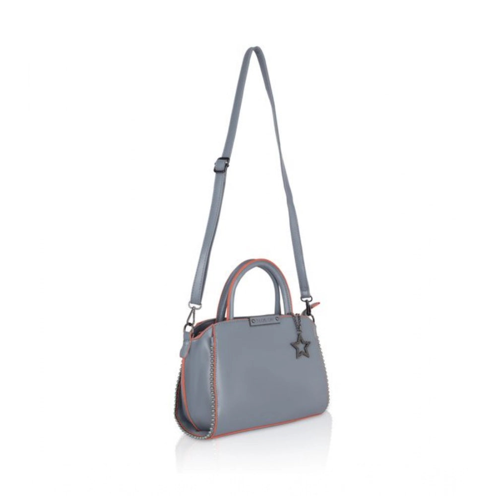 Grey faux leather metal beads handbag with dual handle, zipper closure