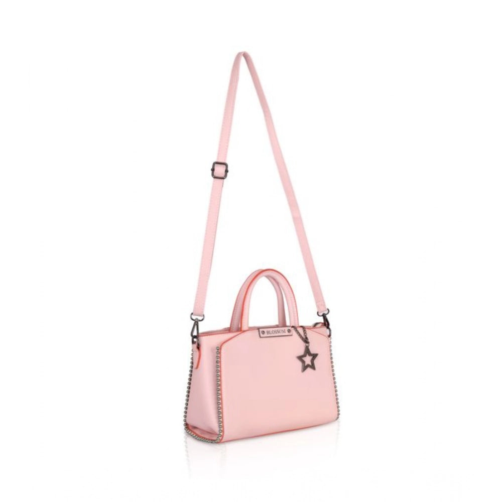Pink faux leather metal beads handbag with dual handle, featuring a zipper closure