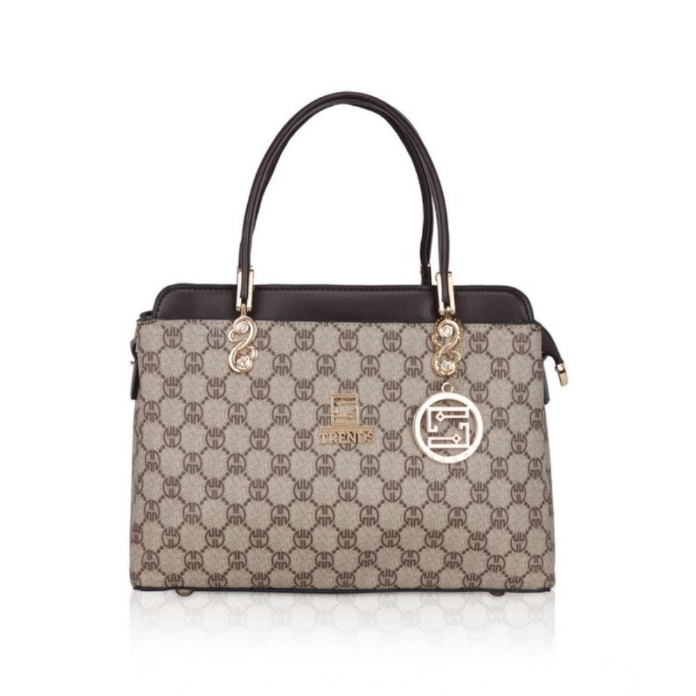 Coffee faux leather printed women's handbag with dual handle, synthetic inner material, zipper closure