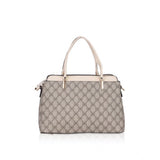 Beige faux leather printed handbag with dual handle, zipper closure for women's fashion accessory