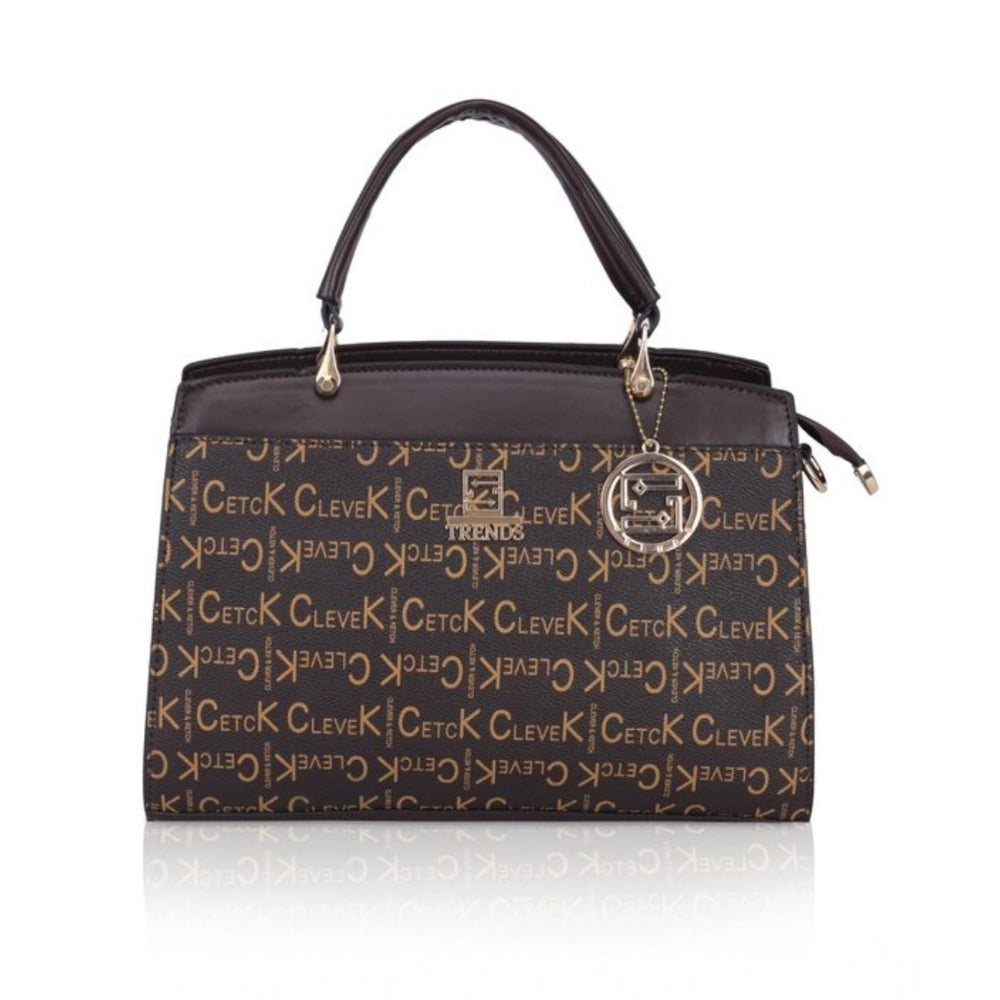 Coffee Faux Leather Printed Women's Handbag with dual handle, synthetic inner material, zipper closure