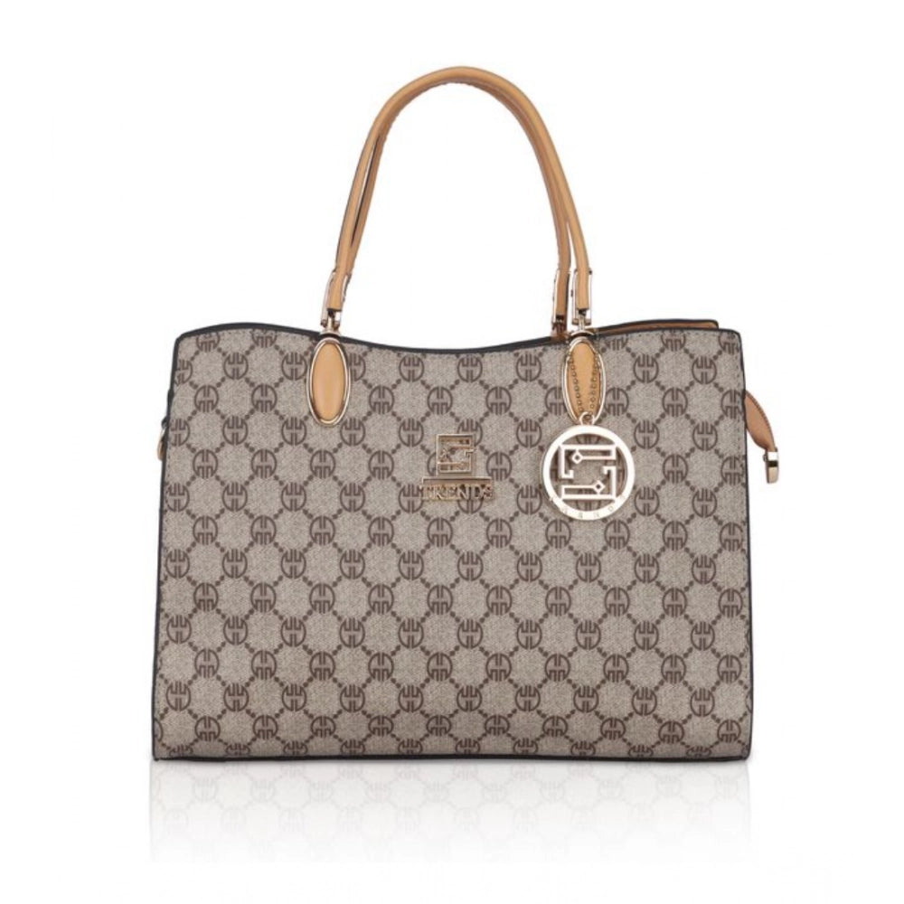 Faux leather camel printed handbag with dual handle, synthetic lining, and zipper closure