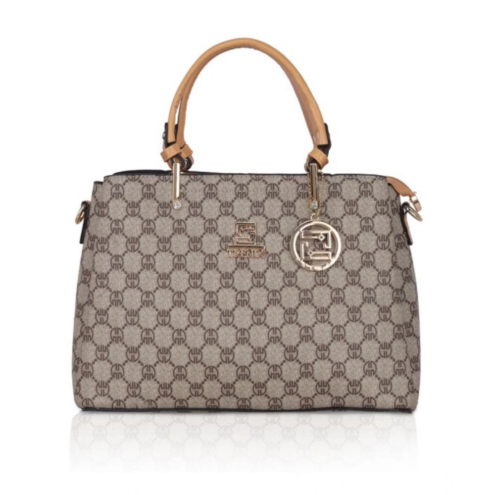 Camel faux leather printed handbag with dual handles and zipper closure