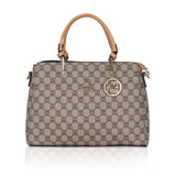 Camel faux leather printed handbag with dual handles and zipper closure