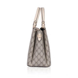 Beige faux leather printed handbag with dual handle and zipper closure