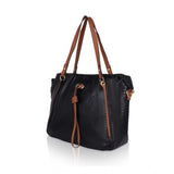 Black faux leather textured tote bag with zipper closure and dual handles