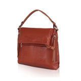 Brown faux leather textured sling bag with dual handle, synthetic lining and zipper closure