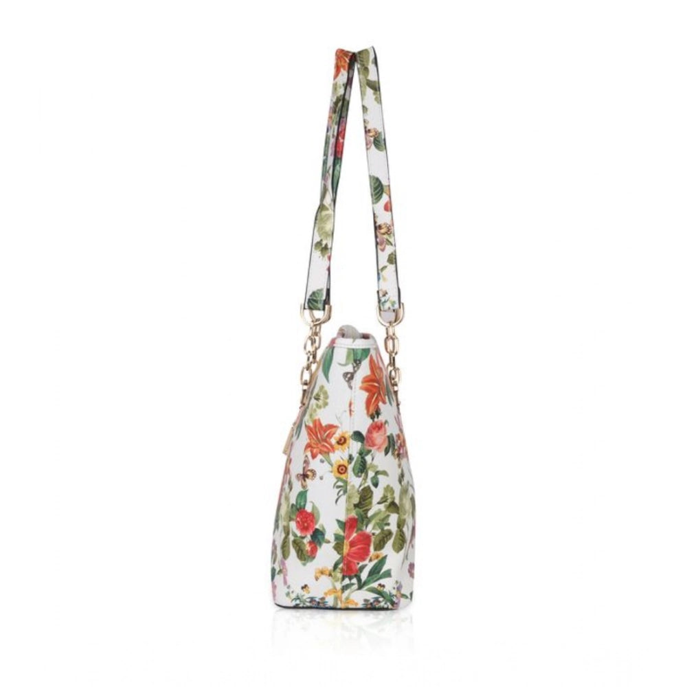 White faux leather printed tote bag with dual handles, outer material: faux leather, inner material: synthetic, pattern: tropical prints, closure type: zipper