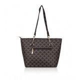 Brown faux leather printed tote bag with dual handle, synthetic lining, and zipper closure