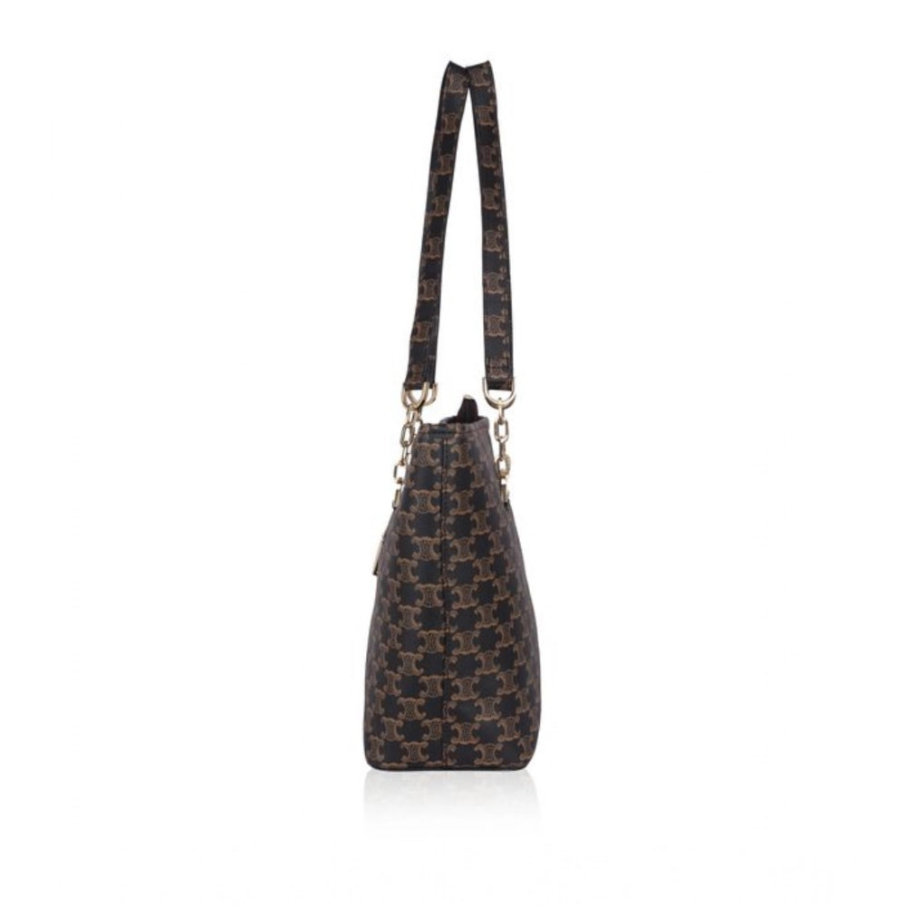 Brown faux leather printed tote bag with dual handles and zipper closure