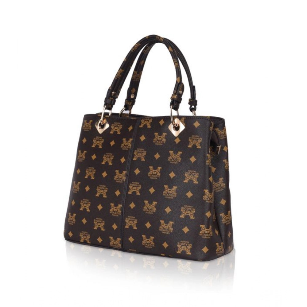 Brown faux leather printed handheld bag with dual handle, synthetic inner material, and zipper closure