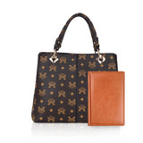 Brown faux leather printed handheld bag with dual handles and zipper closure