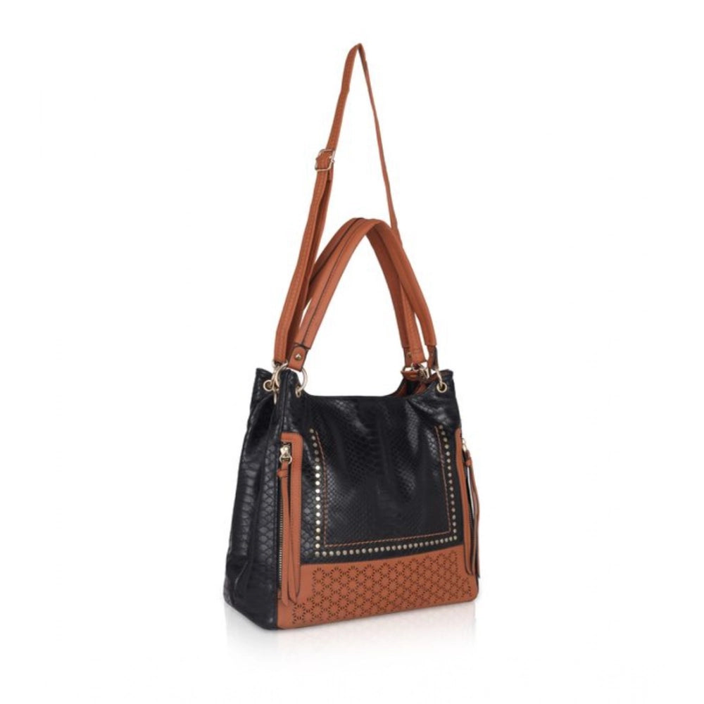 Black faux leather textured tote bag with zipper closure and dual handles