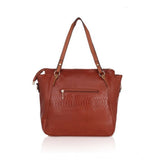 Brown faux leather textured tote bag with dual handles and zipper closure