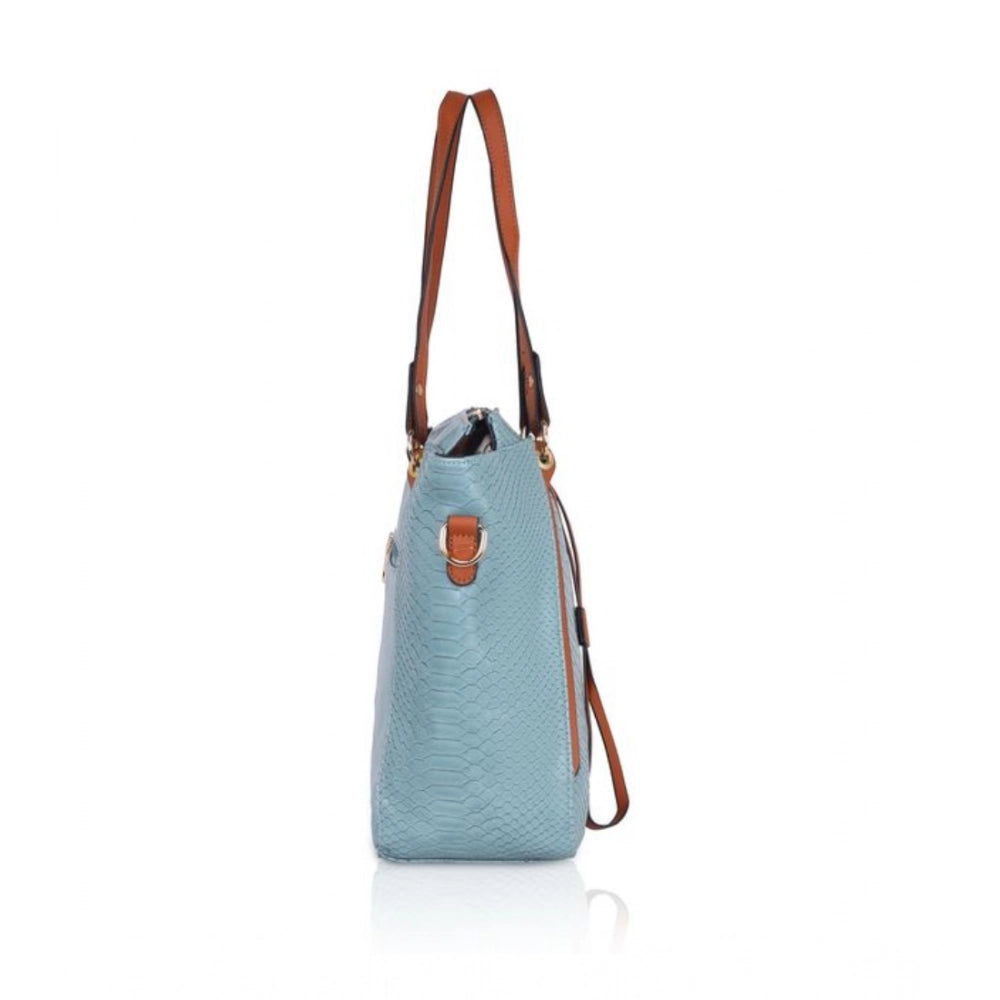 Blue faux leather textured tote bag with dual handle and zipper closure