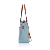 Blue faux leather textured tote bag with dual handle and zipper closure