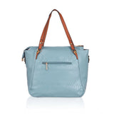 Blue faux leather textured tote bag with dual handles and zipper closure