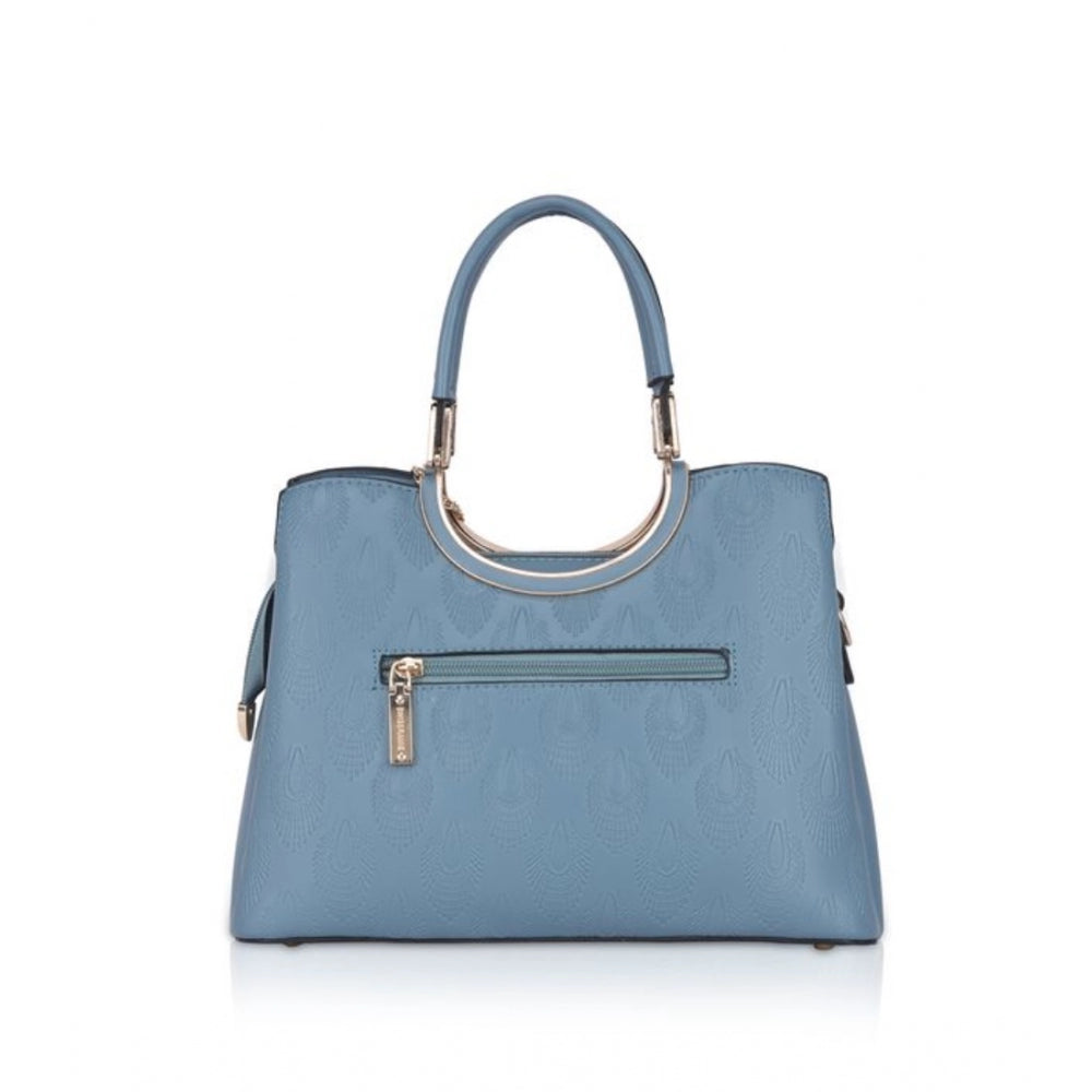Ladies' blue faux leather handbag with printed details, adjustable belt strap
