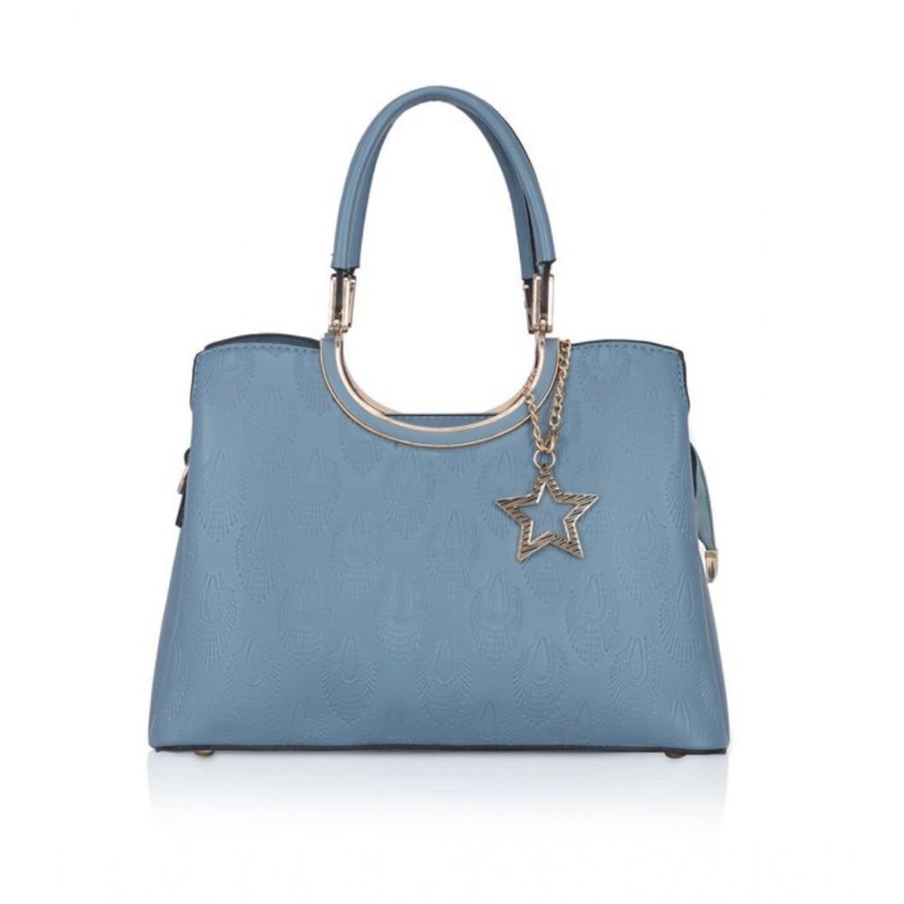 Long blue faux leather handbag with adjustable belt